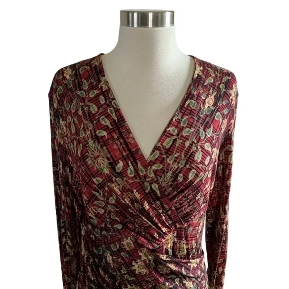 Peruvian Connection Botanical Leaf Print Faux Wrap Dress Size Medium - Picture 5 of 12